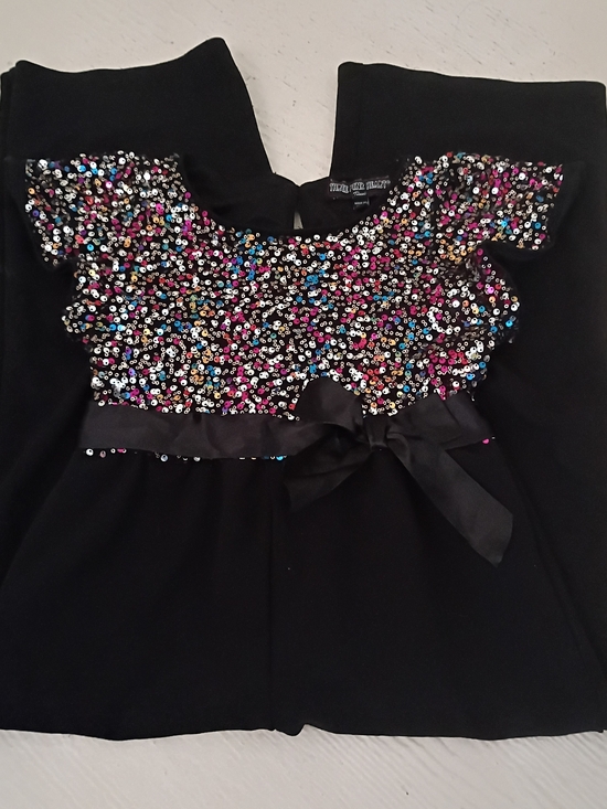 Trixxi Girl Other - Three Pink Hearts Girls Black Sequin Jumpsuit with Bow